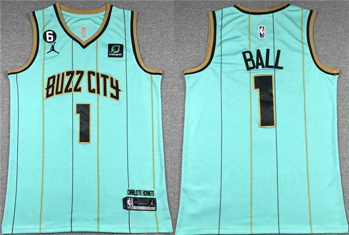 Mens Charlotte Hornets #1 LaMelo Ball Teal No.6 Patch Stitched Basketball Jersey